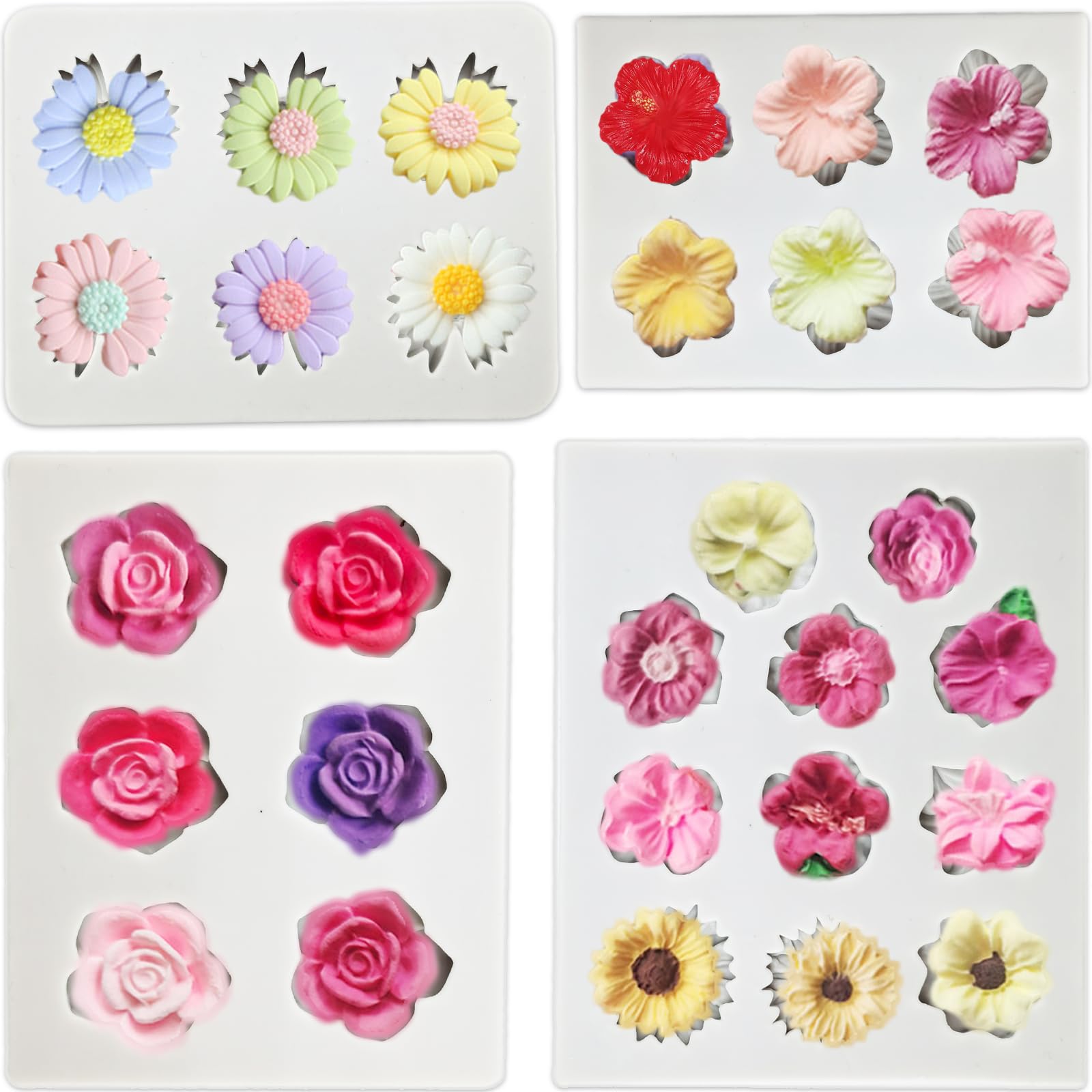 Photo 1 of *ONLY 3* 4Pcs Rose Flower Silicone Candy Mold, Daisy Hibiscus Flower Fondant Chocolate Silicone Molds for Cake Decorating, Polymer Clay Molds Resin Mold for Baking Soap Ice Cube Wax Melt