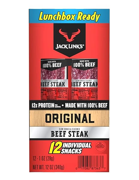 JACK LINK’S BEEF STEAK, ORIGINAL – PROTEIN SNACKS, MEAT SNACK WITH 12G OF PROTEIN, MADE WITH 100% BEEF, INDIVIDUALLY WRAPPED BULK SNACK PACK, KETO FRIENDLY – 1 OZ. (12 COUNT)