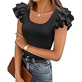 Zanvylia Women's Ruffle Short Sleeve Shirts Summer Casual Ribbed Knit Tee Fitted Square Neck Fashion Tops