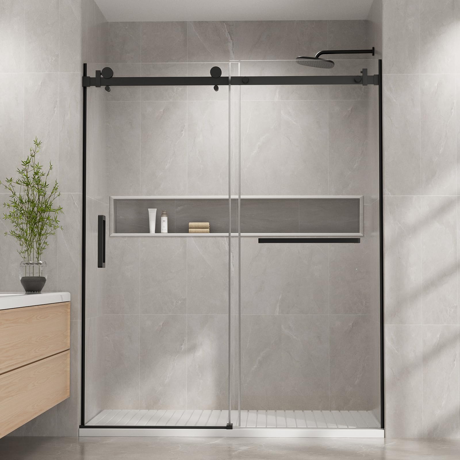 Photo 1 of Venice Frameless Shower Door 60 in W x 74 in H,5/16"(8mm) Clear Tempered Glass Door, Bathroom Shower Door with 18 inch Pull Handle, Stainless Steel Hardware Black
