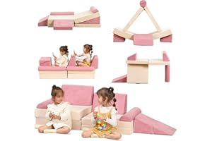 Annualring Kids Couch, 9 PCS Play Couch Sofa for Kids Imaginative Furniture Play Set for Creative Kids,Toddler to Teen Bedroom Furniture, Couch Sofa Foam Play Couch Indoor Outdoor(Beige&Pink-9PCS)