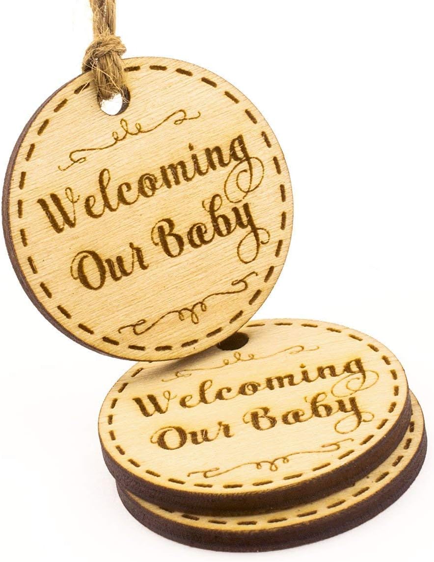 Summer-Ray 50 Wooden Round Welcoming Our Baby Engraved Favour Tags Baby Shower Party - Image 3