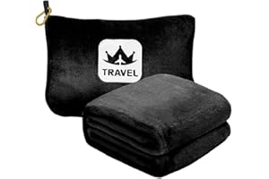 Excervent Travel Blanket 2 in 1 Soft Flannel Airplane Throw Blankets in Soft Bag Pillow case with Hand Luggage Belt, 65x40inch, Black