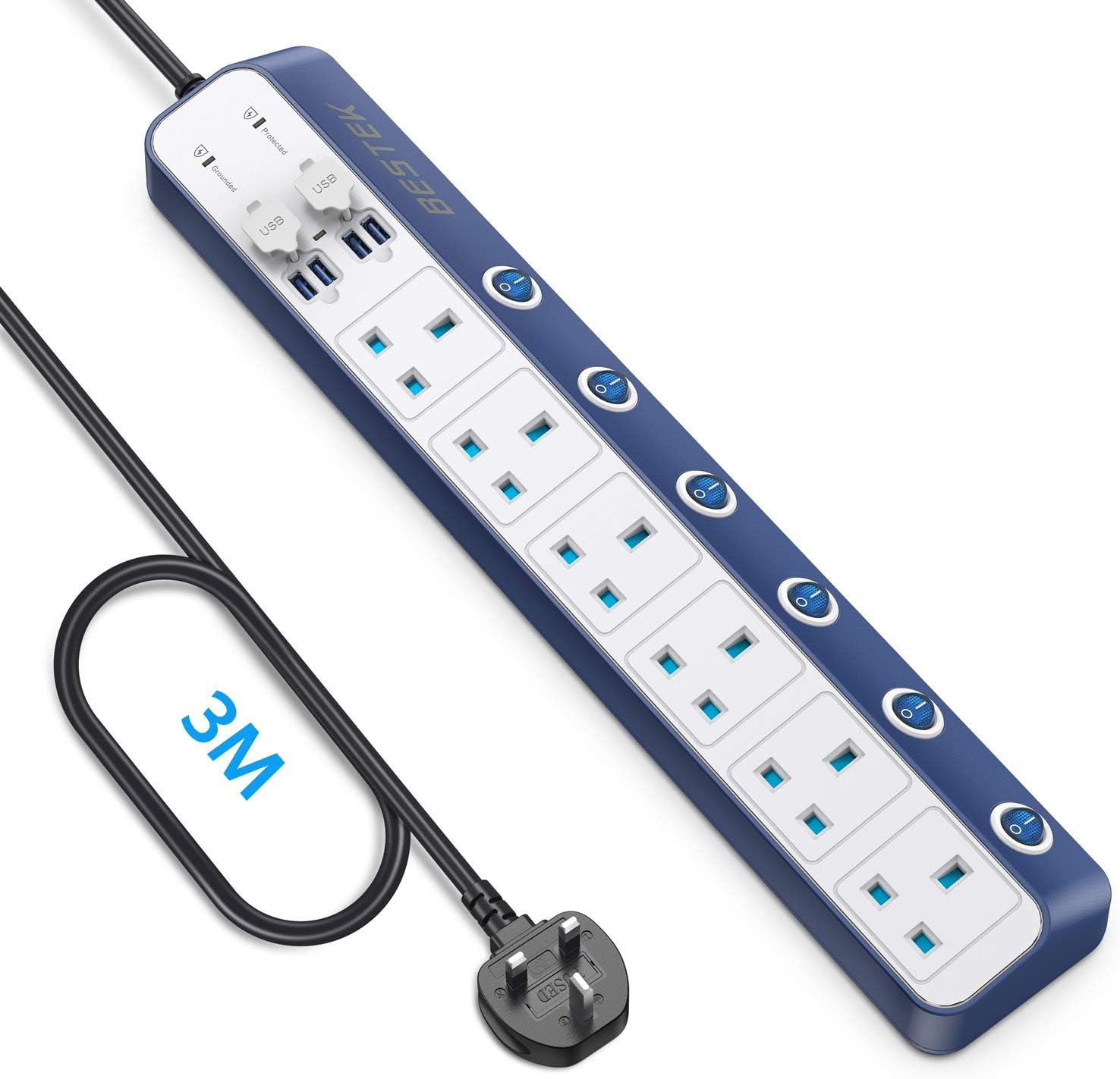 BESTEK 3m Surge Protector Extension Lead, 6 Way individual Switch Power
