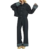 ZCKZUK Women's Denim Jacket and Curled Leg Jeans Pants Set, Cropped Style and Cuffed Design