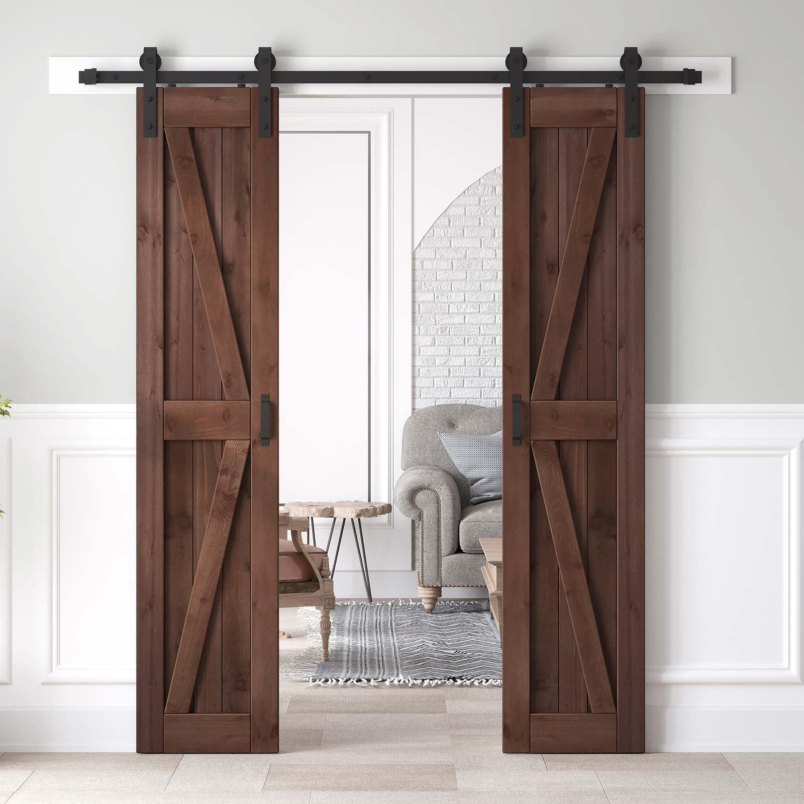 Photo 1 of ** BRAND NEW ITEM** ROYMELO 36x84 inch (Double 18×84 inch Door) Sliding Barn Wood Door Slab with 6.6ft Hardware Kit and Handle, Coffee, K Shape, Simple DIY Assembly