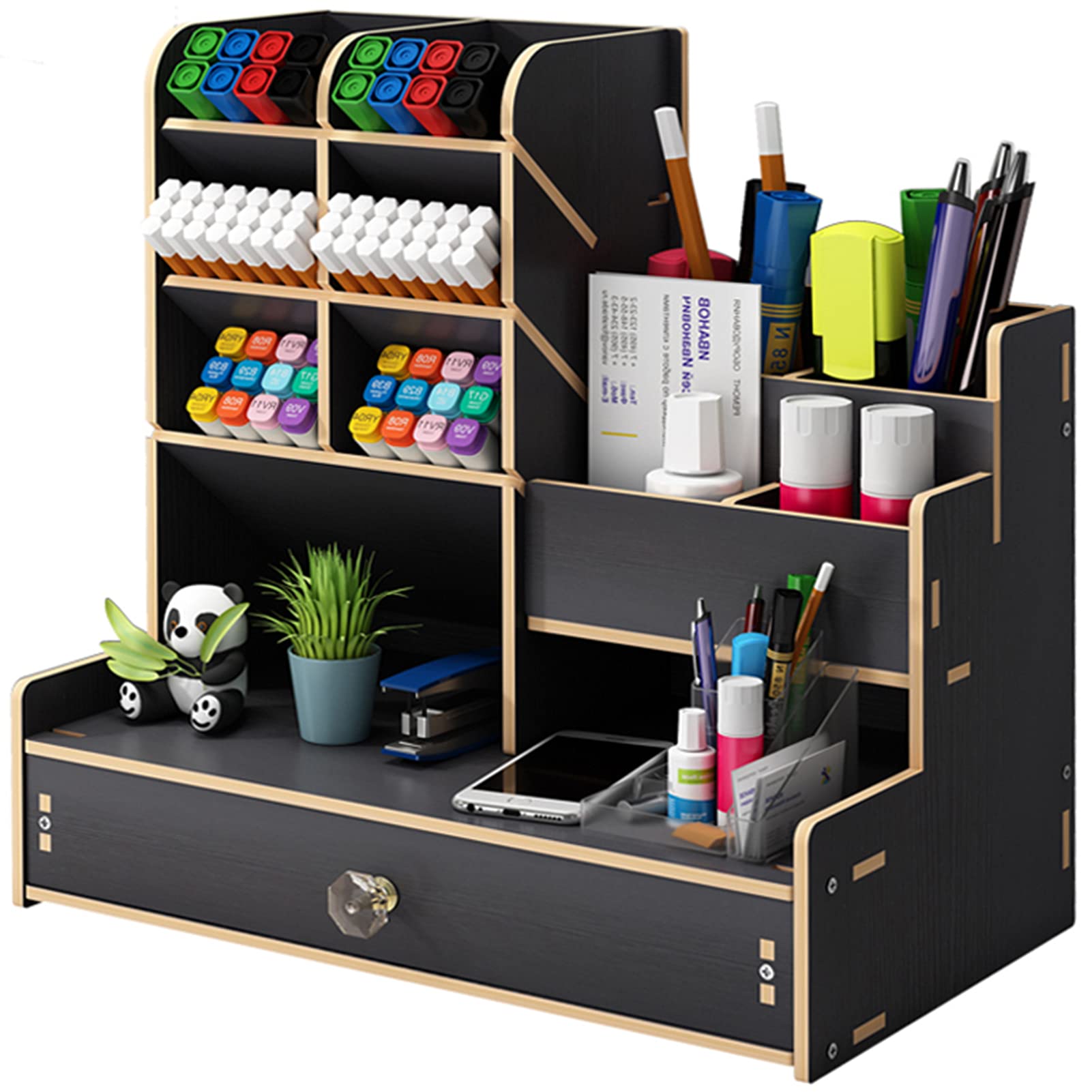 Marbrasse Wooden Desk Organiser,Pen Holer for Desk,Stationary Organiser,Desktop Storage Organizer Caddy (Black Wood)