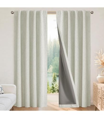 Geomoroccan Linen Blackout Curtains - 96" Long, 2 Panels, Beige Textured Farmhouse Style, Thermal Insulated & Room Darkening