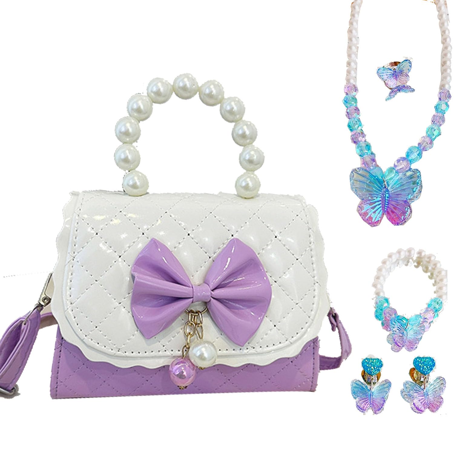 Little Girls Handbag Purse with Kids Jewelry Set Cute Shoulder Bag Girls for Kids Toddlers Gift Present Birthday Christmas Party Pretend Play, Purple, small
