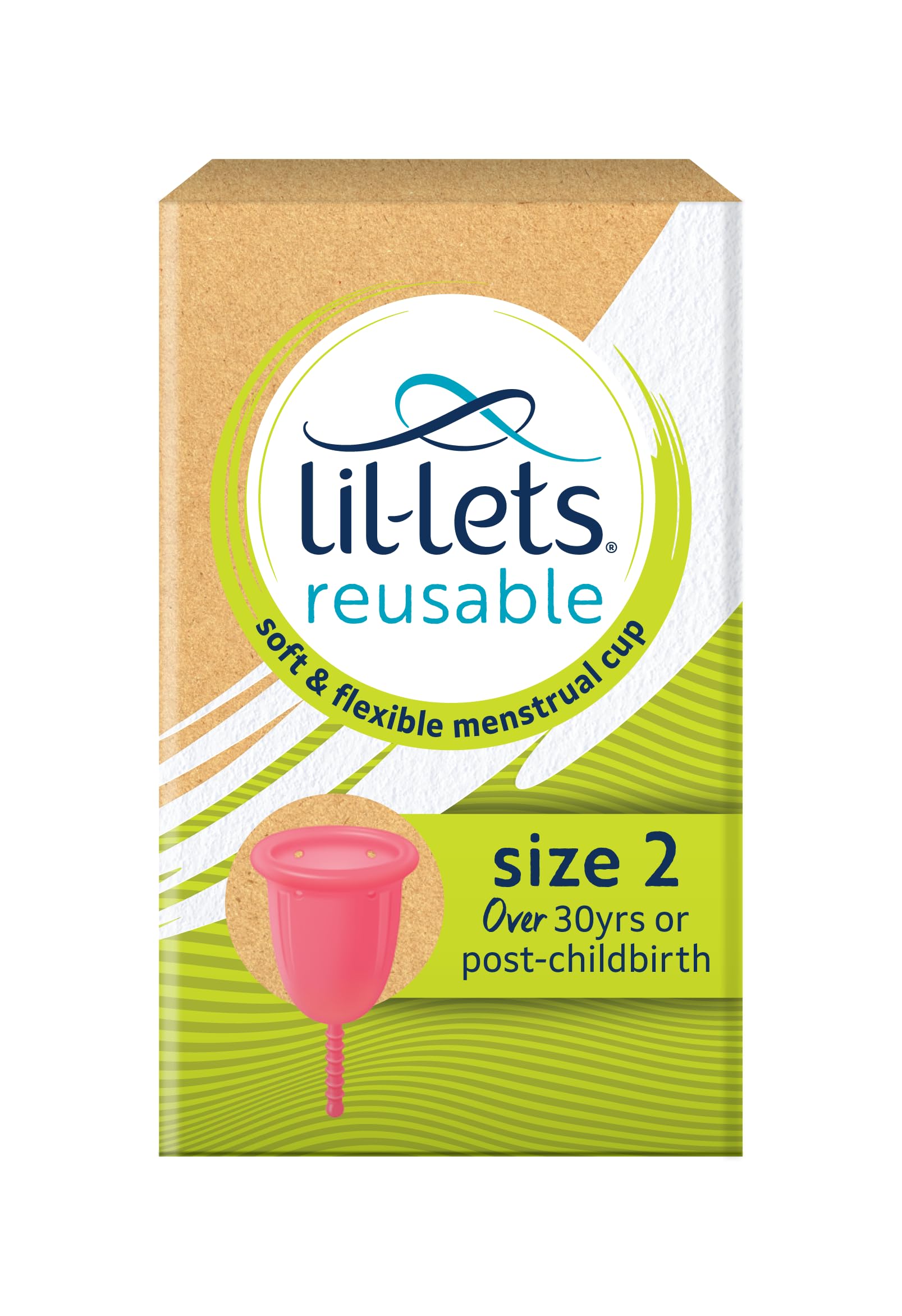 Lil-Lets Reusable Menstrual Cup, Size 2, for Those Over 30 yr or Post Birth, Soft and Flexible Period Cup, Ideal for Beginners, Made from Medical Grade Silicone, Certified Organic Cotton Bag Included