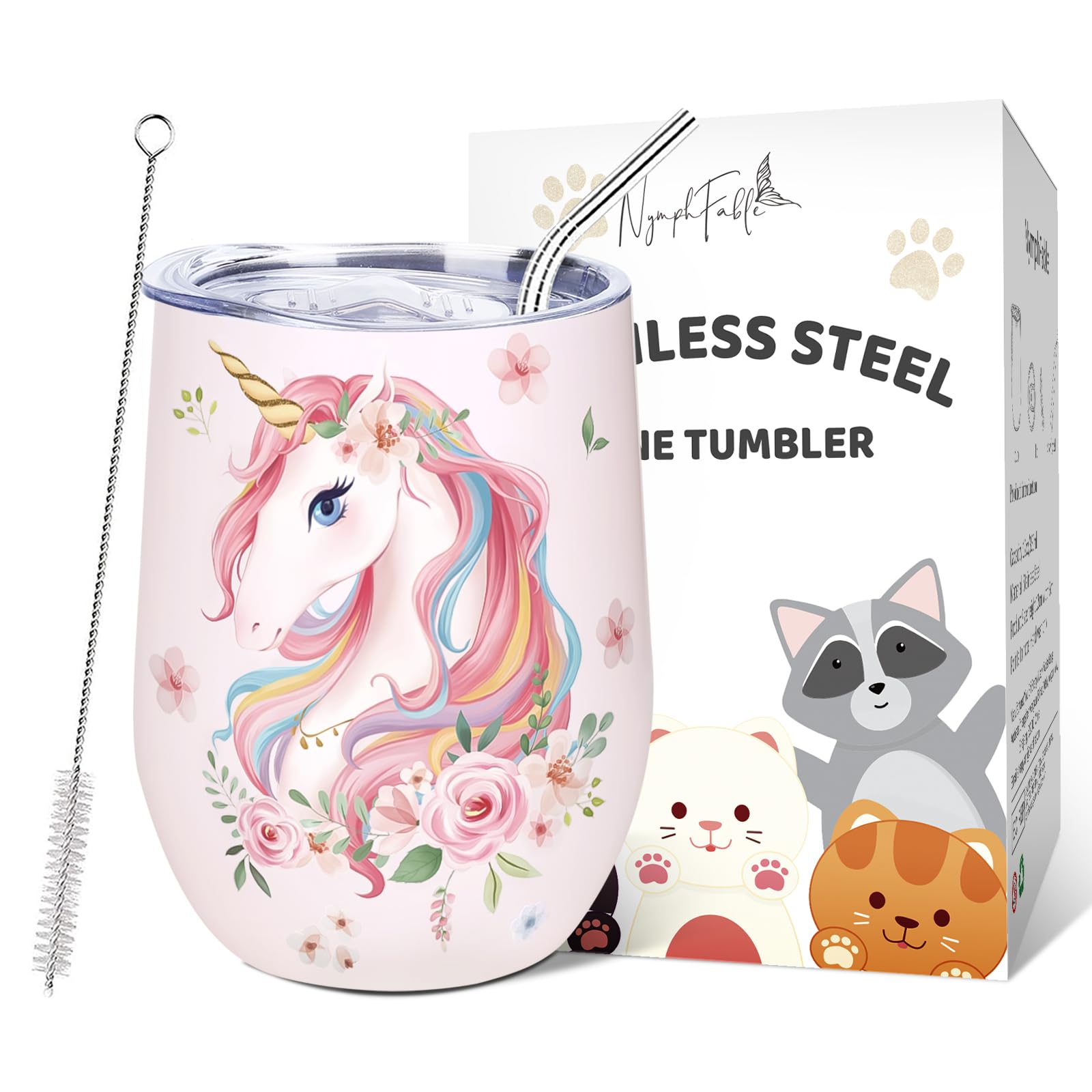 NymphFable 12oz Unicorn Insulated Tumbler with Lid and Straw Stainless Steel Wine Tumbler, Stemless Wine Glass Coffee Mug