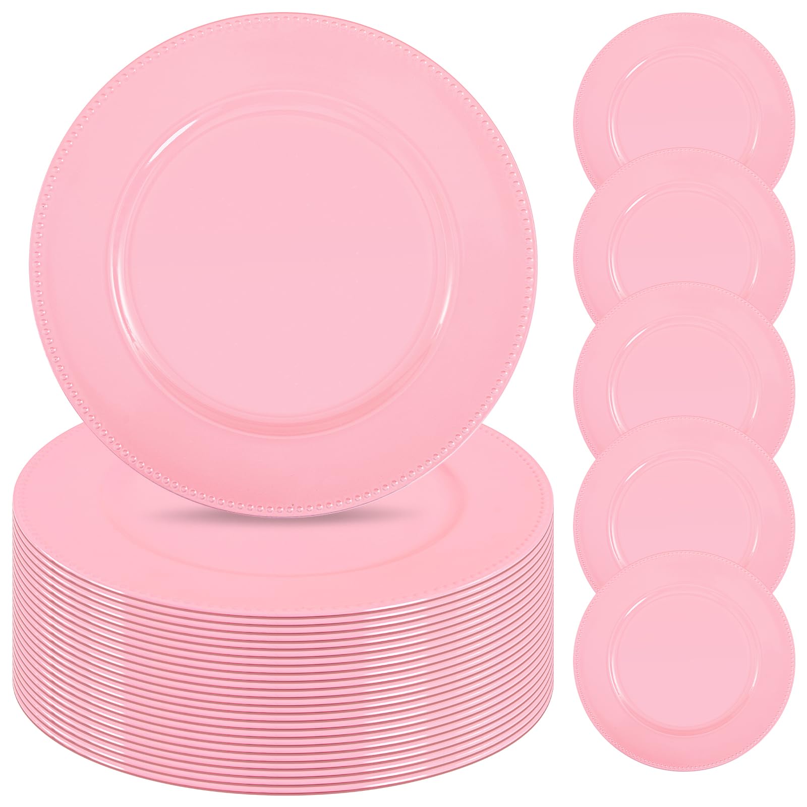 Photo 1 of 24 Pcs Pink Charger Plates Bulk,13 inch Round Beaded Plate Chargers for Dinner Plates, Decorative Dinner Chargers Plastic Table Chargers for Wedding Holiday Party Event Decoration