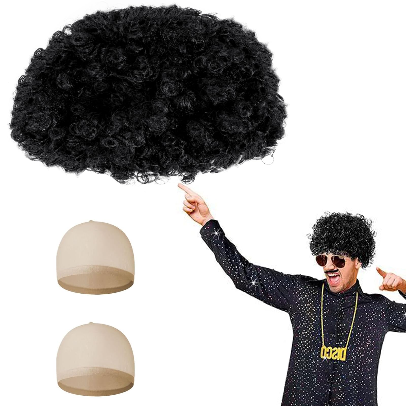 Aomig Funky Afro Wig, 3 Pcs Disco Hippie Costume, Hippie Costume Set, Novelty Men Short Curly Afro Wig, 60s 70s Hippy Fancy Dress Mens Accessories, Mens & Womens Pop Hippie 70s Disco Fever Hair