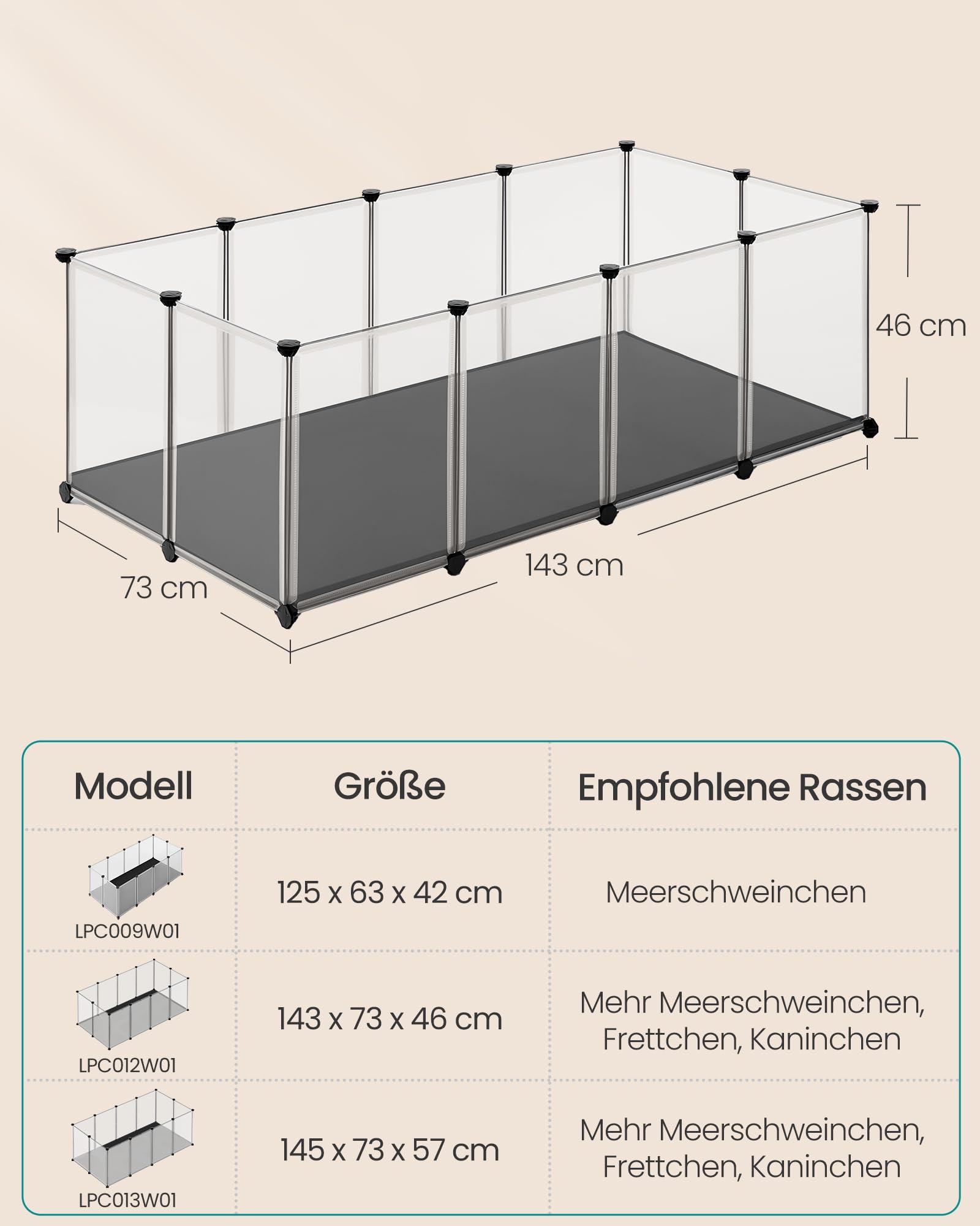 SONGMICS Kleintiergehege mit Bodenplatten, Laufstall mit Abnehmbarer und wasserfester Unterlage, Gehege für Hamster, Kaninchen, Meerschweinchen, 143 x 73 x 46 cm, weiß LPC012W01 6