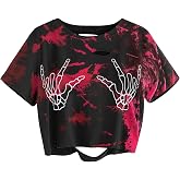 Avanova Women Skull Finger Graphic Distressed Tee Shirt Ripped Short Sleeve Crop Tops