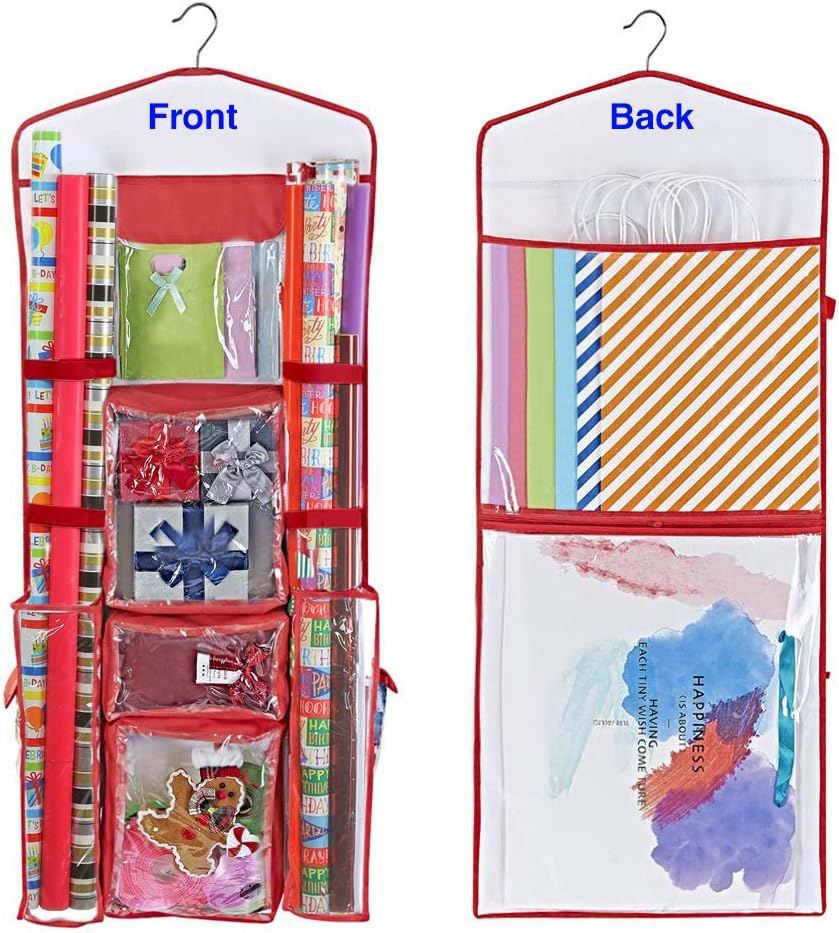 ProPik Hanging Double Sided Wrapping Paper Storage Organizer With Multiple Pockets Organize Your Gift Wrap, Gift Bags Bows Ribbons 40"X17" Fits 40 Inch Rolls Clear PVC Bag (Red): Home & Kitchen