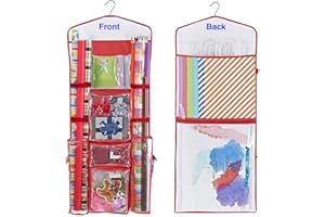 Primode Wrapping Paper Storage Hanging | Gift Wrap Organizer Double Sided | Pockets for Gift Bags, Ribbon, Bows and Accessories | 40”x17” Fits 40 Inch Rolls | Clear PVC Bag (Red)