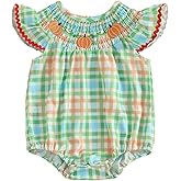Kayotuas Newborn Baby Girls Smocked Bubble Romper Cute Embroidery Ruffle Gingham Bodysuit Dress Infant Toddler Summer Clothes
