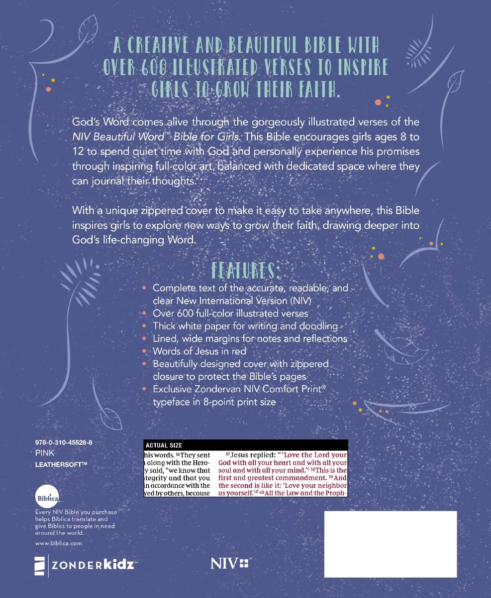 NIV, Beautiful Word Bible for Girls, Updated Edition, Leathersoft, Zippered, Pink, Red Letter, Comfort Print: 600+ Full-Color Illustrated Verses NIV, Beautiful Word Bible for Girls, Updated Edition, Leathersoft, Zippered, Pink, Red Letter, Comfort Print: 600+ Full-Color Illustrated Verses Imitation Leather