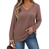 IN'VOLAND Plus Size Womens Brown Tshirts V Neck Long Sleeve Tops Brown Tee Tops Blouse Fall Tee Shirt Workout Tops 4X