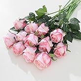 LILUYTO 12Pcs Realistic Fake Light Pink Roses Faux Flowers with Long Stems, Artificial Silk Rose Flowers for Valentines Day Home Wedding Decor Bridal Bouquet