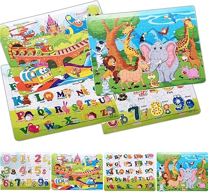 Amazon Com 4 Pack Wooden Jigsaw Puzzles For Kids Ages 4 8 Educational Toys 60 Pieces Floor Children Puzzle Include Digital 0 9 Alphabet A Z Traffic Park Puzzle Animal Kingdom Puzzle Toys Games