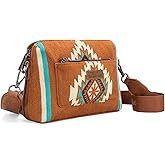 Wrangler Western Aztec Small Crossbody Bags for Women Multi Pocket Over Shoulder Crossbody Purse with Guitar Strap
