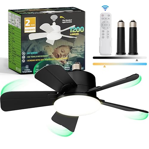 Minmup Socket Fan Light with Remote, Light Bulb Fan with 6 Wind Speeds, 3 Color Dimmable, Up to 1200LM/6500K, Mute Button, Reversible, for Kitchen, Garage