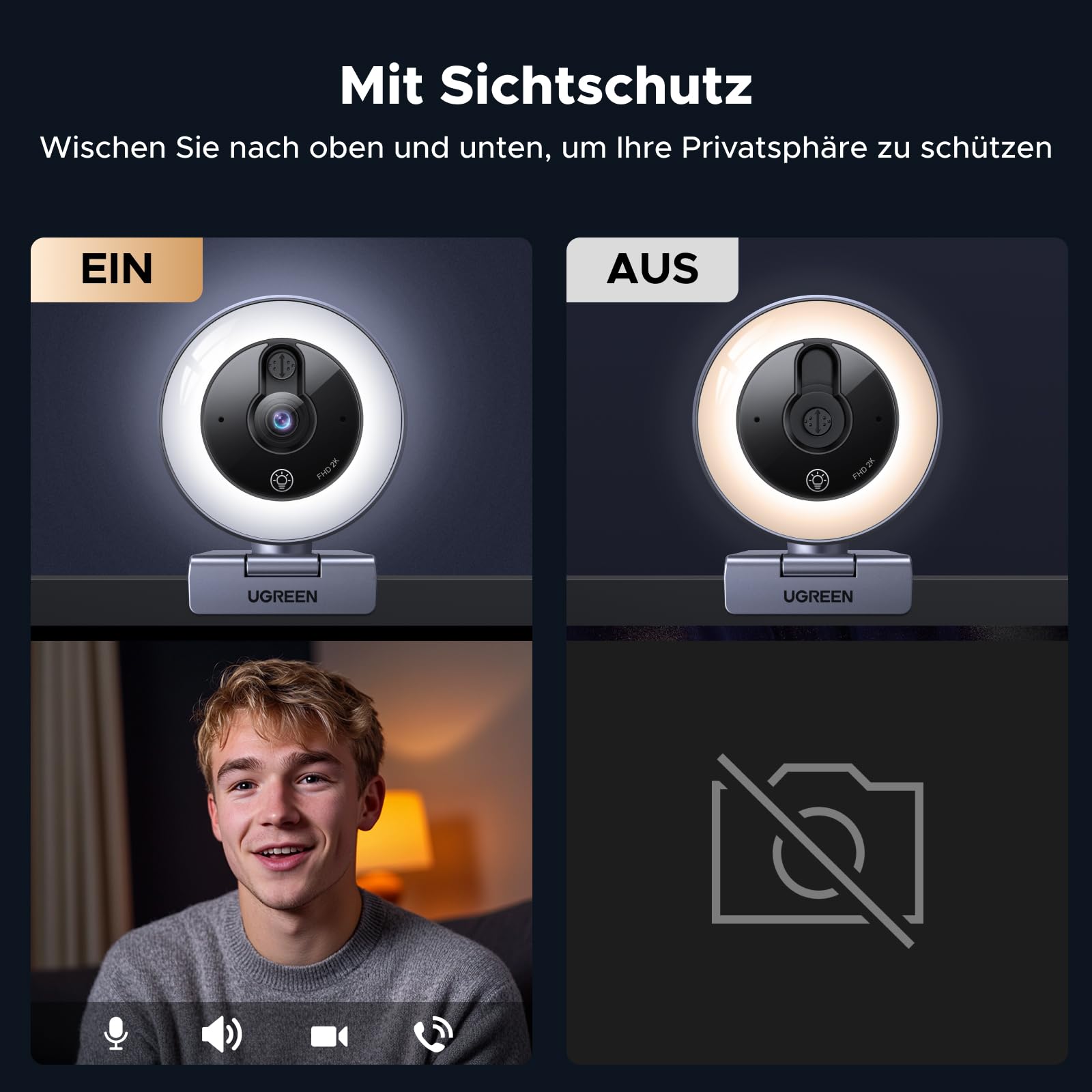 UGREEN FineCam Lite 2K Webcam mit Ringlicht PC Kamera mit mikrofon Streaming Kamera mit Abdeckung Fixfokus 4 Fülllichtstufen 80°FOV USB-A/C Anschluss Kompatibel mit PC/Laptop/Windows/Mac/Linux/Skype 4