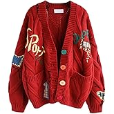 Women's Cable Knit Long Sleeve Open Front Cardigan Sheep V-Neck Button Down Embroidery Wool Blend Sweater Coat Outwear