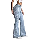 MakeMeChic Women's Jeans Y2K Floral Embroidery Flared Low Waisted Bootcut Denim Pants