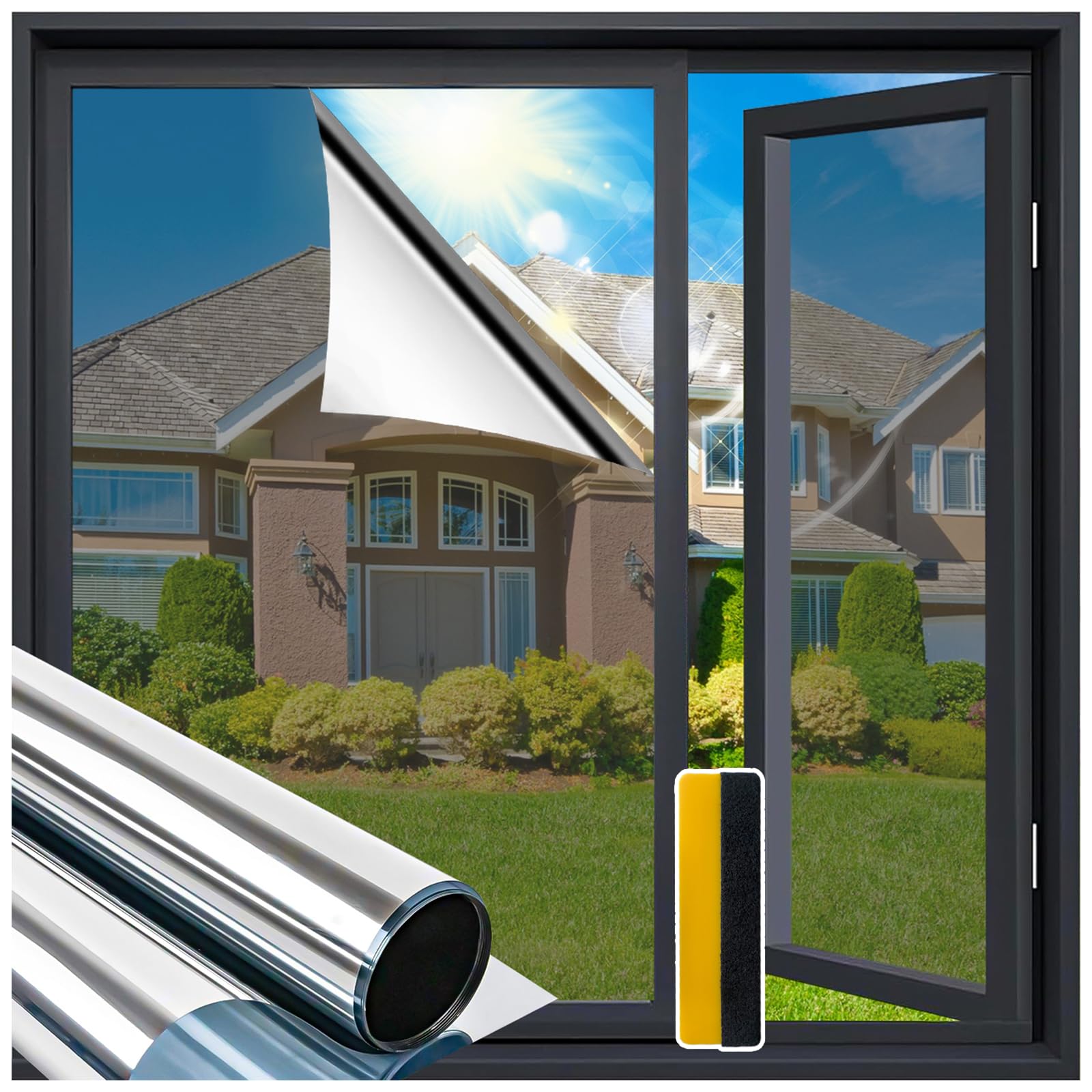 Zindoo Window Tint Film Home, One Way Window Film Privacy, Mirror Window Film Anti Glare, Reflective Window UV Film, Heat Control Sun Blocker for Home, Office, 44.5x200cm