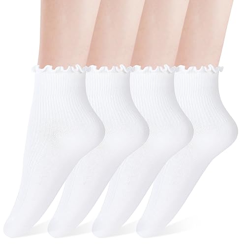 WLLHYF 4 Pairs Women Ruffle Socks, Women Ankle Sock Super Soft Breathable Cute Solid Color Frilly Sock Fashion Lovely Lady Socks for Girl Princess