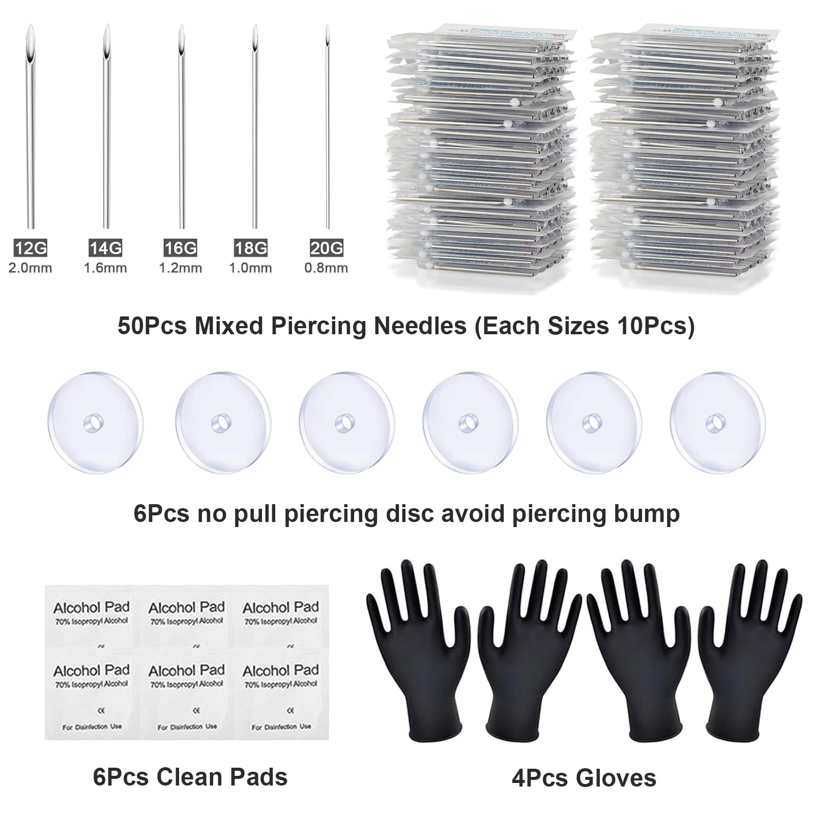 Body Piercing Kit 66PCS Professional Piercing Kit Includeds 50Mixed 12G 14G 16G 18G 20G Ear Nose Piercing Needles 6no pull piercing disc 6Clean Tools 4Gloves for Ear Nose Piercing Kit