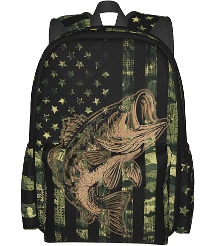 Nerxy Bass Fishing Lure And American Flag Casual Backpack Bag, Fashion Lightweight Backpacks for Holiday Gifts One Size