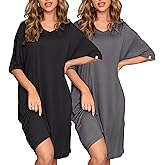 ft FENTENG 2-Pack Women's Nightgowns Short Sleeve Nightshirt V Neck Soft Sleepwear Casual Sleepshirts Loose Pajama Dress