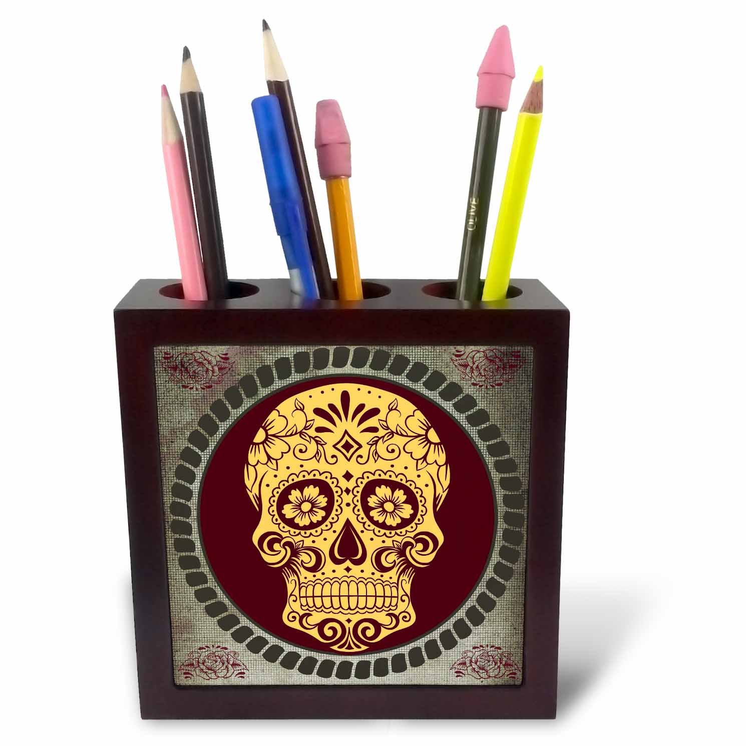 3dRose ph_233910_1 5-Inch Day of The Dead Cool Design Tile Pen Holder - Yellow/Burgundy/Grey