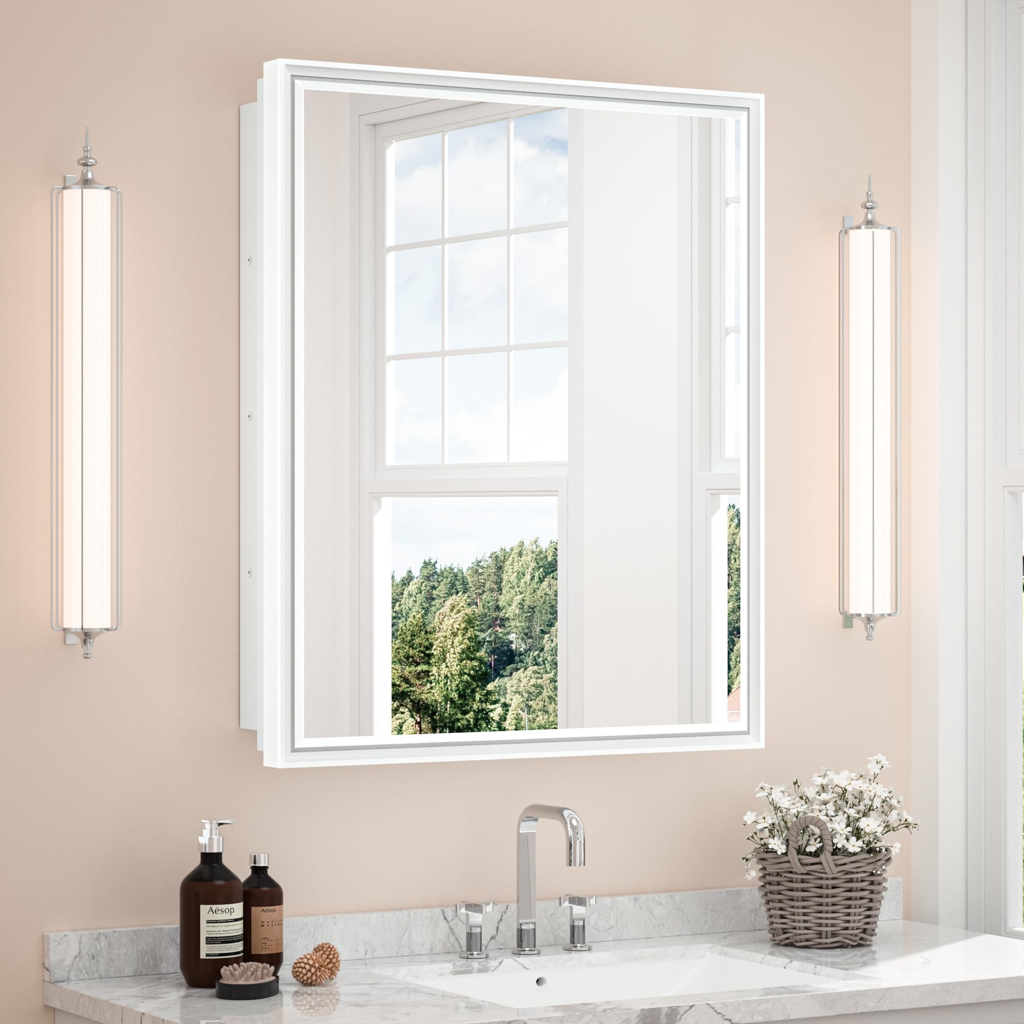 Photo 1 of ***(USED/ MINOR DAMAGE)***TETOTE 24x30 Inch White Medicine Cabinet Mirror for Bathroom Aluminum Framed Surface or Recessed Wall-Mounted Medicine Cabinets Beveled Mirror with Storage 1 Door Modern Farmhouse