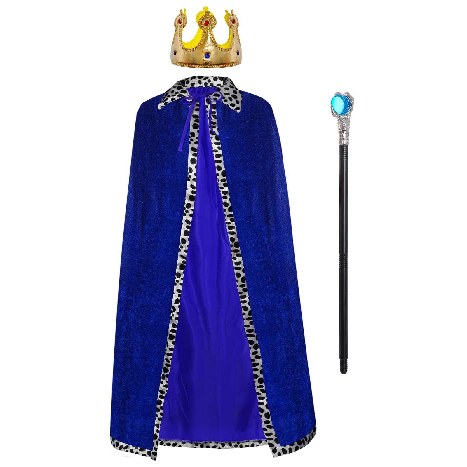 jerbro 3pcs Royal King Robe Queen Velvet Coat Costume + King Queen Crown + Scepter for Women Men Halloween Adult Theme Party Theatre Fancy Dress Cosplay Carnival Fancy Dress (Blue, 49.2in/125cm)