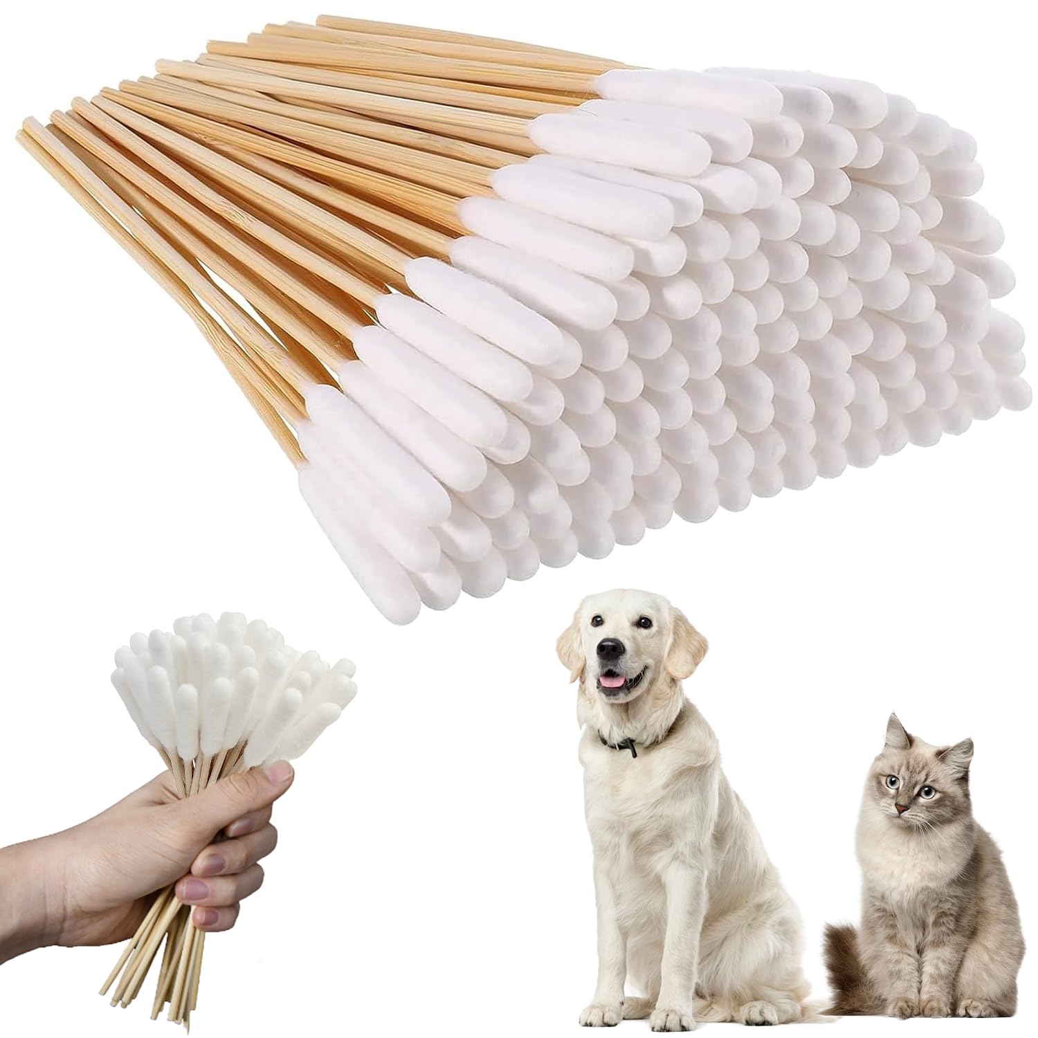 Dszemie 200Pcs Dog Cotton Buds Ear Cleaning Swabs, Dog Ear Budss Large 15CM Extra Large Cotton Buds for Pet Cleaning Disposable Cat Ears Cottons Swabs Sticks Dogs Earbuds(200Pcs)
