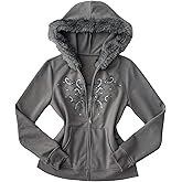 Verdusa Women's Goth Rhinestone Zip Up Hoodie Faux Fur Fuzzy Sweatshirts Fall Jacket with Pockets