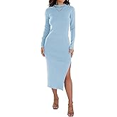 ZESICA Women's 2026 Ribbed Knit Dress Long Sleeve Mock Neck Slim Fit Side Slit Fall Elegant Sweater Dresses