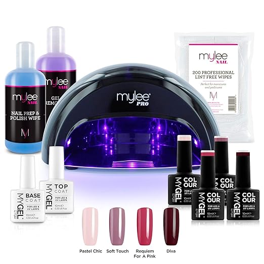 Mylee Professionelles Gel-Nagellack-LED-Lampenset, 4x MYGEL-Farben, Ober- und Unterlackierung, Mylee PRO Salon-Serie Convex C