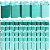 Kolldenn 50 Set Teal Blue Gift Bags with Tissue Paper 8.27 x 5.91 x 3.15 Inch Small Paper Bags with Handles Thank You Gift for Baby Shower Bridal Shower Wedding Party Favors Goodies