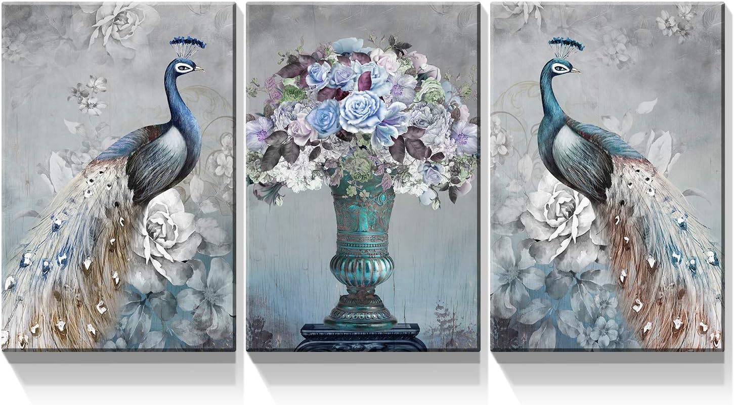Paintings - Denozer - 3 Panel Peacock Canvas Wall Art Paintings - Peacock Elegant Flower Pictures On Canvas Animal Wall Decor for Living Room Home Decor Stretched and Framed Ready to Hang - 24
