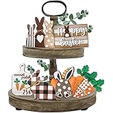 Guoofu Easter Bunny Tiered Tray Decor, Farmhouse Tiered Tray Decorations, Happy Easter Bunny Carrots Buffalo Plaid Wooden Signs, Spring Rustic Rabbit Decor for Home Table Mantel Church Party