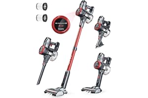 FABULETTA Cordless Vacuum Cleaner with LED Display, Brushless Motor, Max 50 Mins Runtime with Detachable Battery, 6 in 1 Lightweight Stick Vacuum Cleaner for Home Hard Floor and Pet Hair (Red)
