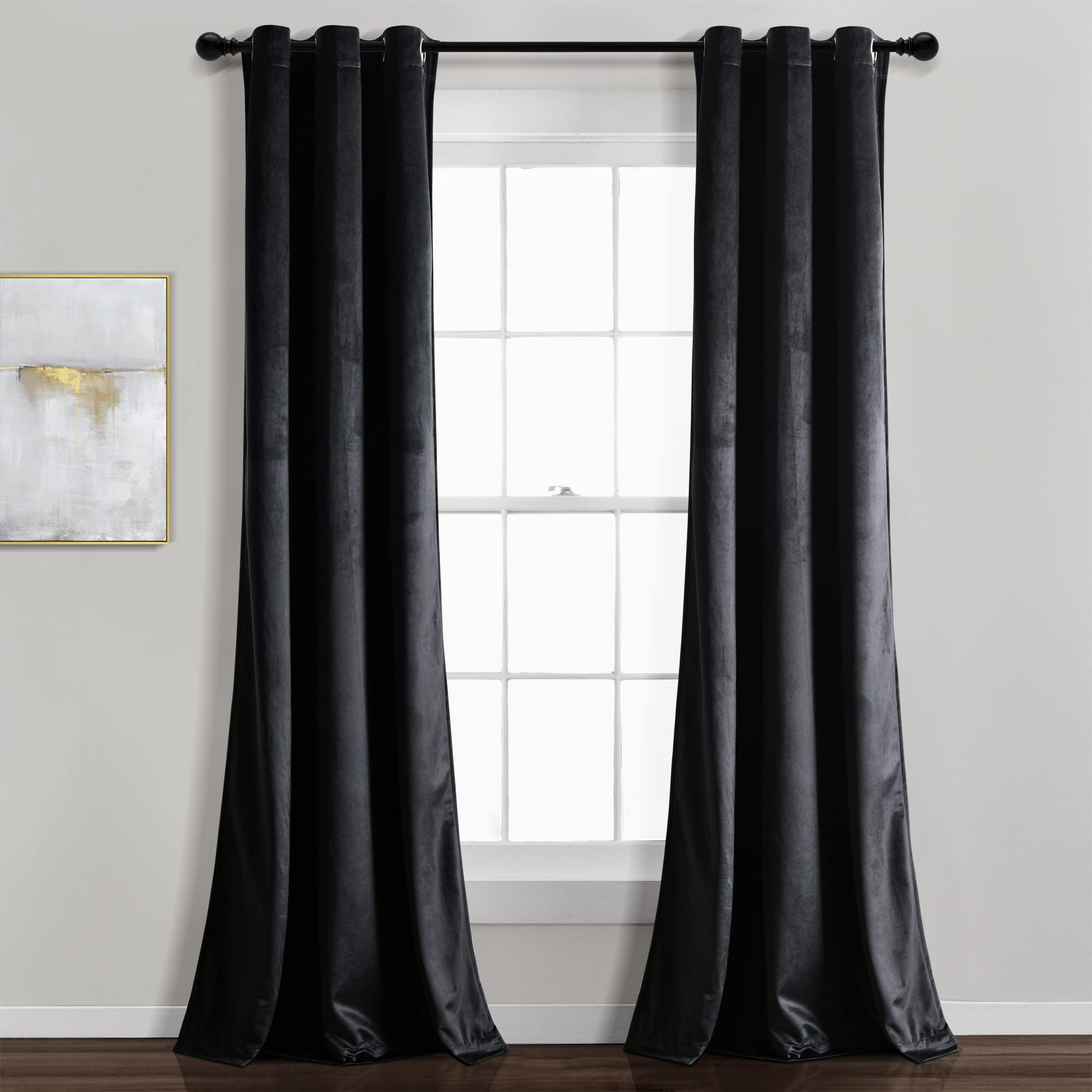 Lush Decor Prima Velvet Solid Light Filtering Grommet Window Curtain Panel Pair, 95" L x 38" W, Black Image