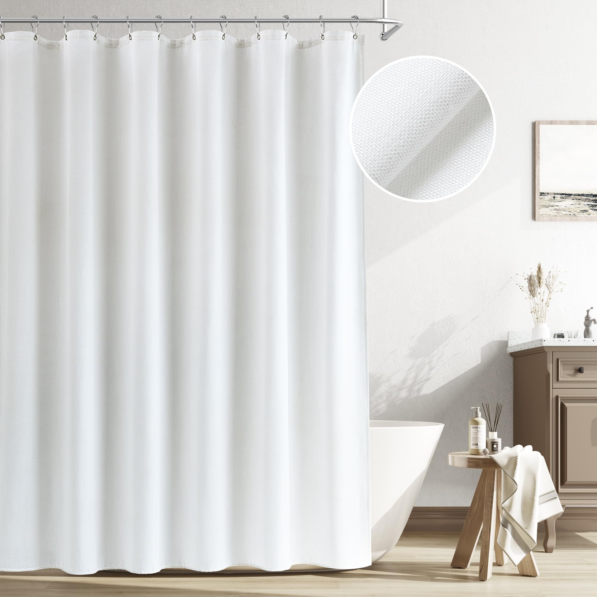 Photo 1 of Naturoom White Linen Shower Curtain, Cloth Textured Fabric Shower Curtain Set with Hooks, Simple Elegant Modern Farmhouse Country Ultra Thick Bath Curtains for Bathroom,Water Repellent,72x72