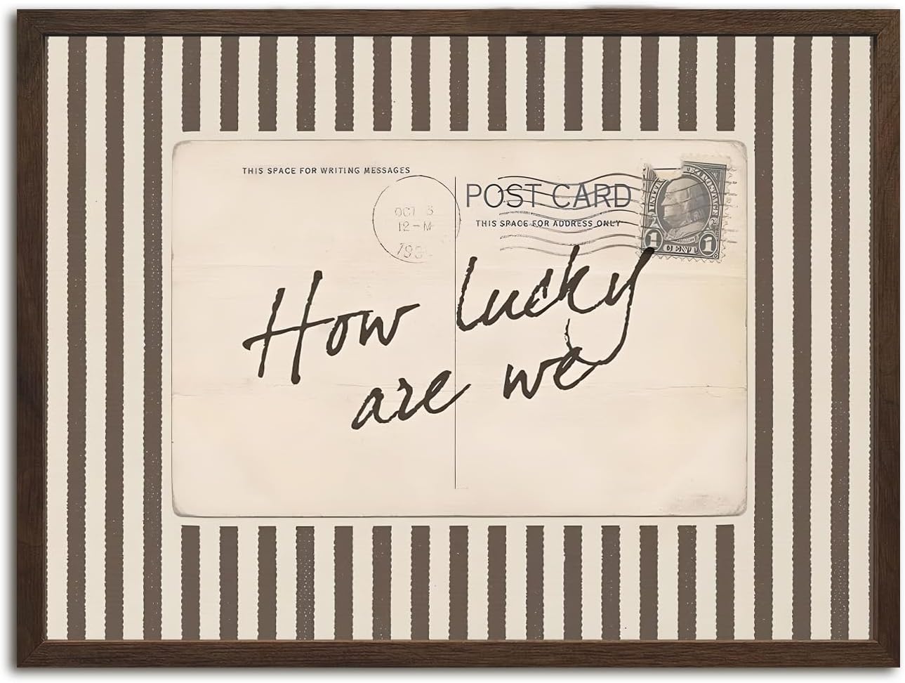 How Lucky Are We Wall Art Vintage Striped Letter Postcard Wall Decor Picture Trendy Preppy Inspirational Quote Poster Canvas Painting Print for Living Room Bedroom 12x16 inch Walnut Wood Framed